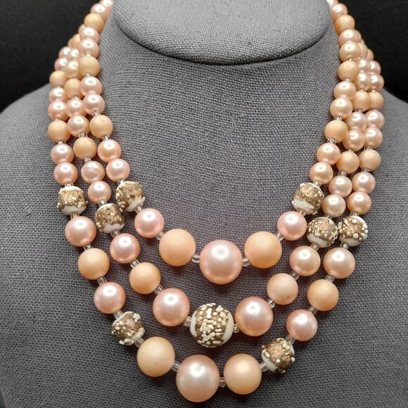 Vintage Japan Pink Art Glass Bead Necklace, 3 Strands, 1950s Jewelry - Picture 2 of 11
